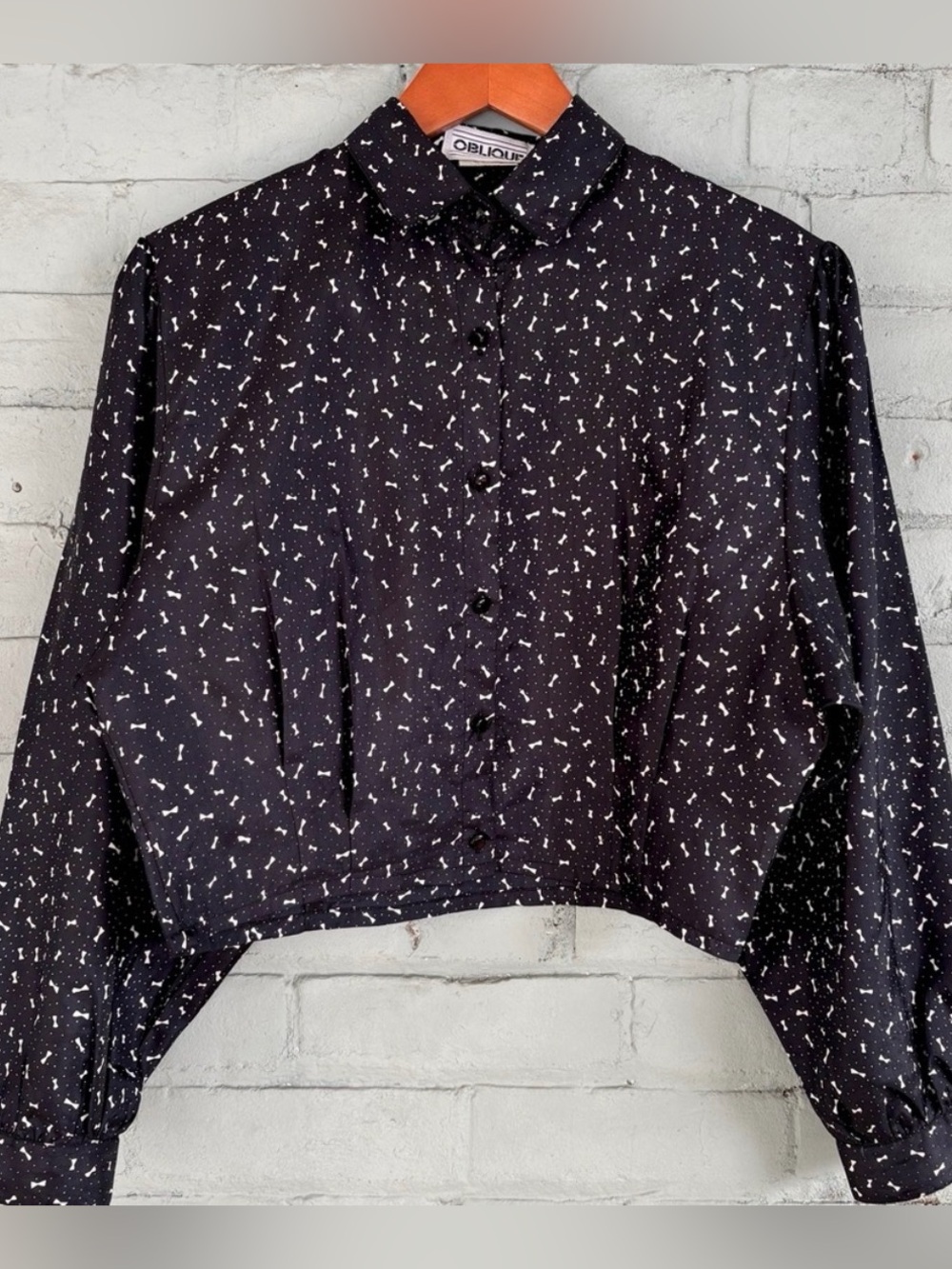 Vintage 80s Black and White Cropped Patterned Balloon Sleeve Blouse
